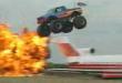 Truck jumps over plane