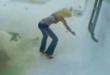Blonde ends up in the pool